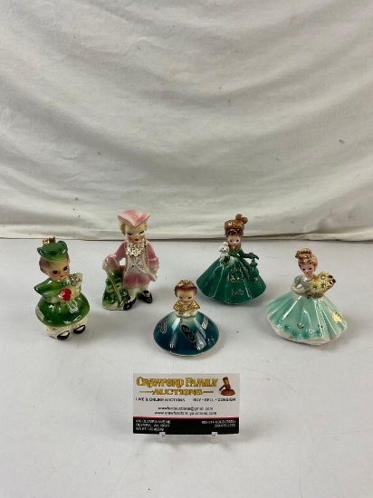 5 pcs Vintage Josef Originals Green Ceramic Figurine Assortment. Holiday, March, Oct. See pics.