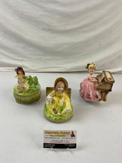 3 pcs Vintage Josef Originals Ceramic Music Box Figurine Assortment. "Hawaiian Wedding Song" See