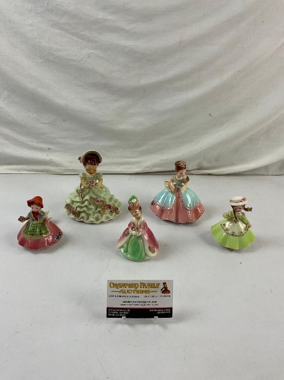 5 pcs Vintage Josef Originals Pink & Green Ceramic Lady Figurine Assortment. Scotland Dress. See