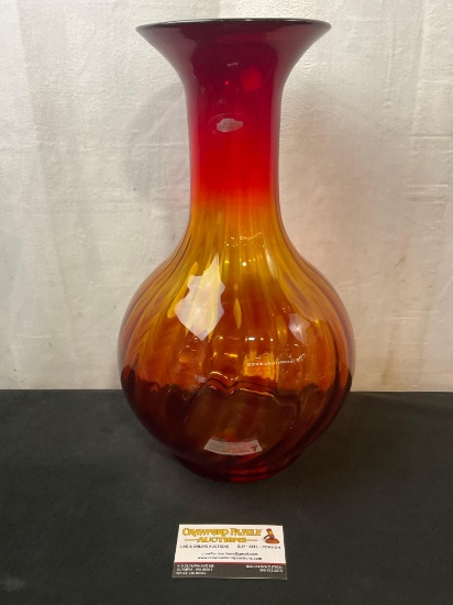 Vintage Blenko Vase, handblown Orange to Dark Red in color glass, 15 inches tall