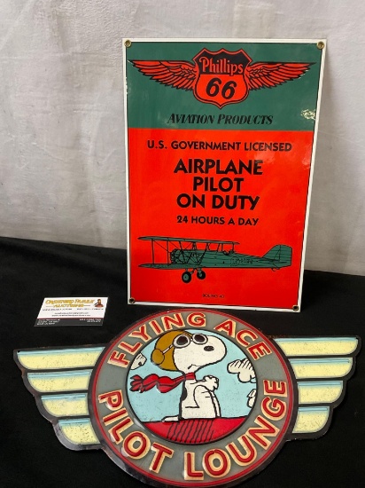 Pair of Tin Wall Hanging Decorations, Flying Ace Pilot Lounge & Phillips 66