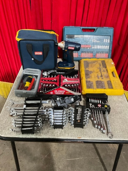 Collection of Tool sets & Ryobi 18V Drill.. incl. Husky 28pc Wrench Set, Allied Hatcheting