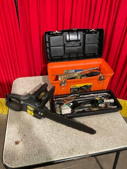 McCulloch Mini Mac 14" Electric Chainsaw & Stanley 19" 2000 S Toolbox Full Of Misc New & Used Tools