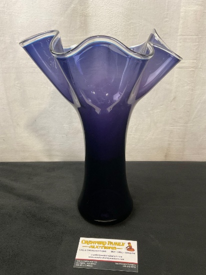 Modern 2006 Blenko Glass Dark Purple - Blue Ruffle Top Vase