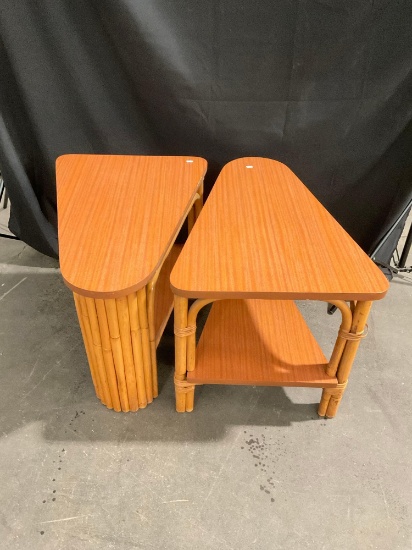 Pair of Mid Century Rattan 2-Tiered End Tables in Triangular Shape - See pics