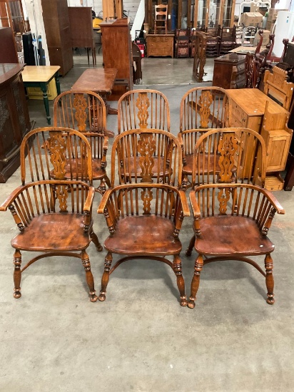 6 pcs Vintage English Oak Dowel Back Captain's Chairs. Measures 23" x 43.5" See pics.
