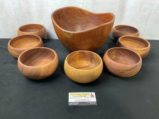 Large Centerpiece Bowl & 7 Crate & Barrel Bowls, Smoothly Sanded Natural Wood