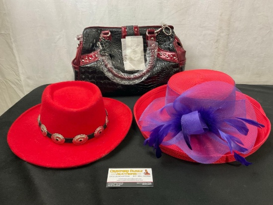 Pair of Red Hats, Wool Cowboy Hat & Red Wedding Hat/Purple Bow, New Madi Claire Two Tone Red/Black