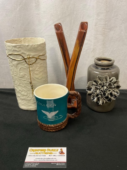 3 vases, and 1 handmade Mug, 1x K&K Interior w/ Flower, Double Bud Vase, Unique White w/ gold rim
