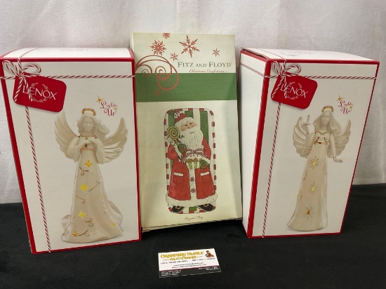 Pair of LENOX Porcelain Light Up Angels, Fitz and Floyd Elongated Christmas Tray w/ Santa Design