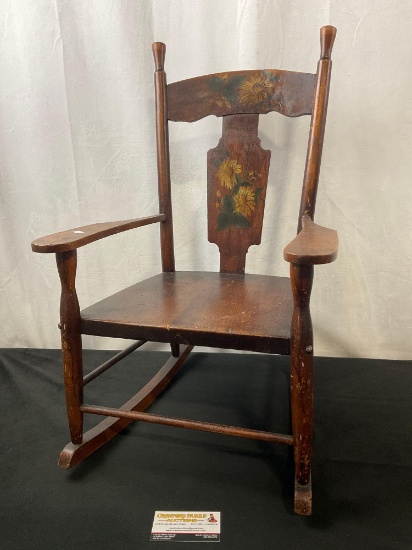 Antique Wooden Childs Rocking Chair, handpainted with sunflower designs