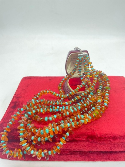 Impressive 5 strand amber and turquoise sterling silver necklace - incredible piece, pics can't do