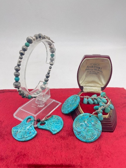 Turquoise and sterling silver bracelet + sterling silver and faux turquoise earrings w/ real