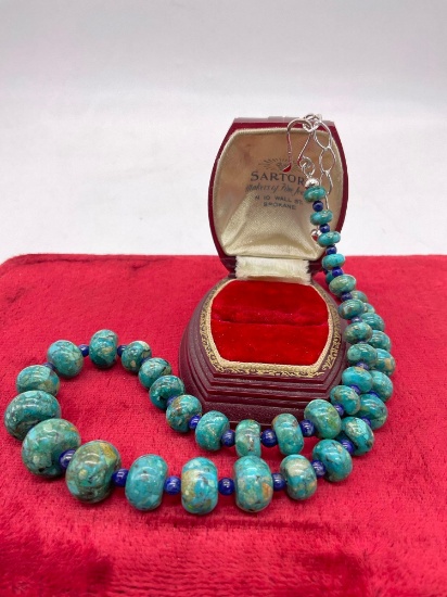 Lovely sterling silver turquoise or mixed stone (?) and lapis bead necklace - real stone!