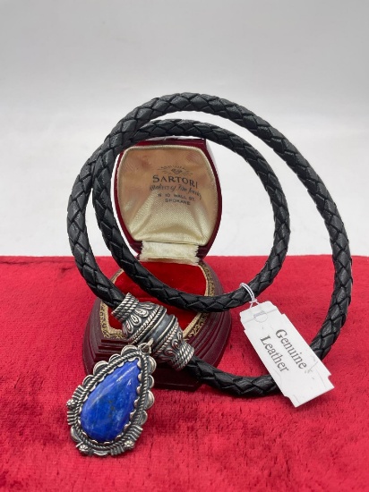 Fantastic NWT leather band wrap necklace w/ magnetic clasp and sterling silver Lapis pendant