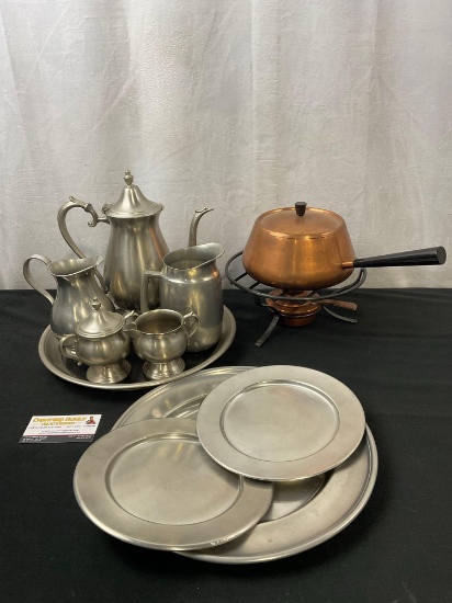 Lovely Selection of Pewter Servingware and Swiss Copper Fondue Pot w/ Chafing Dish and warmer