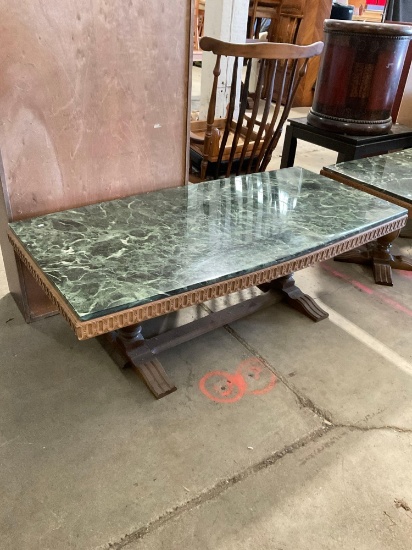 Gorgeous Vintage Green Marble Topped Coffee Table w/ Ornate Carvings - See pics