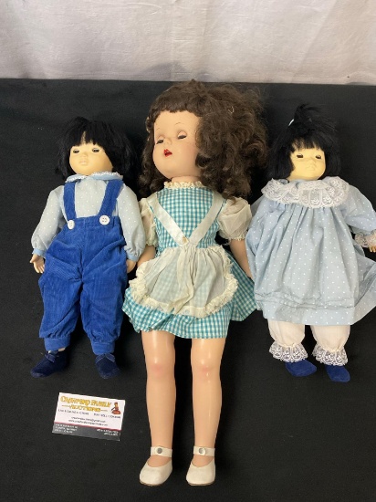Set of 3 Vintage Dolls, 2x Dolls by Pauline, 1x with blue/white checked dress