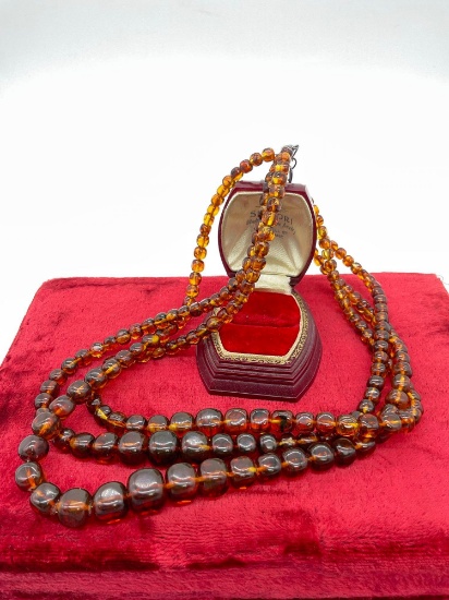 Triple strand faux amber bead sterling silver necklace with lovely rich and dark amber tones