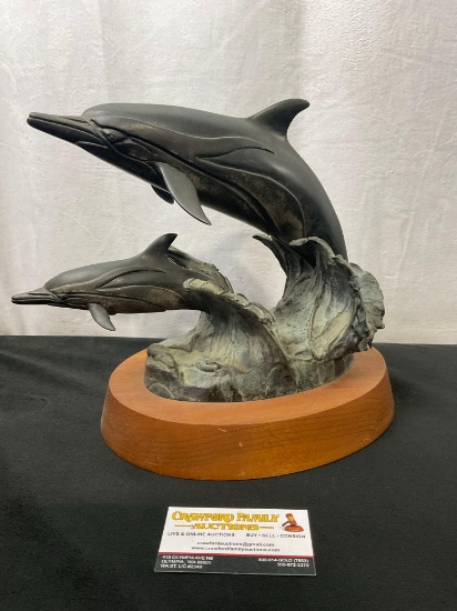 Lovely Vintage 1992 Randy Puckett LE #d 9/350 Bronze Statue of Dolphins, on rotating base