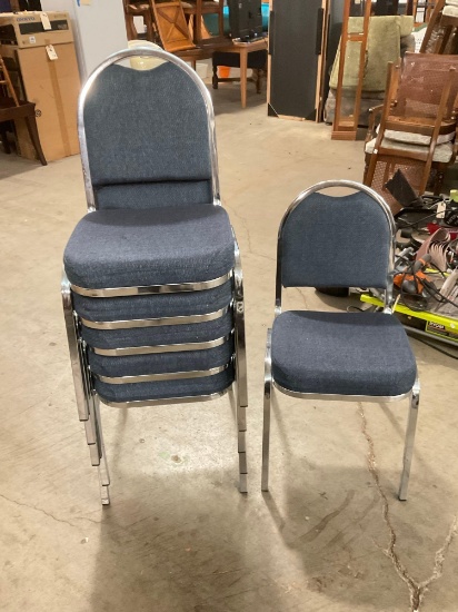 Set of 6 Chrome Blue Stacking Chairs w/ Cushioned Upholstery - See pics