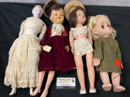 Set of 4 vintage dolls, Hasbro Little Miss No Name, Ideal Miss Revlon, Antique German Bisque