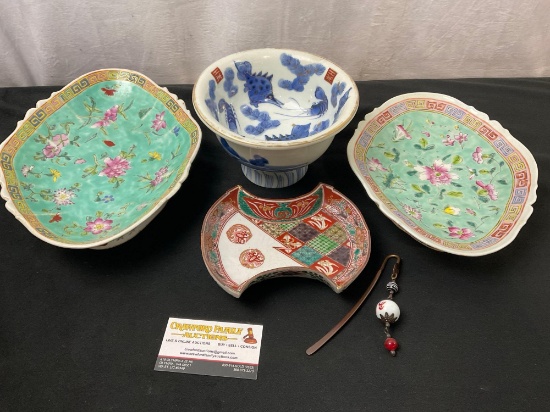 4 Asian Porcelain Pieces, Antique Celadon Glaze, Japanese Imari Bowl & Plate