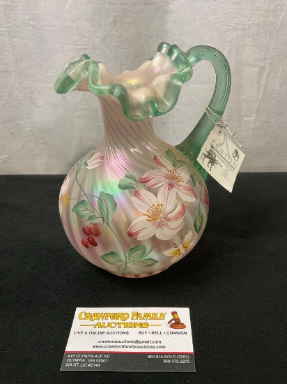 Pink Fenton Pitcher, signed by Bill Fenton, handpainted by D. Barbour w/ floral pattern