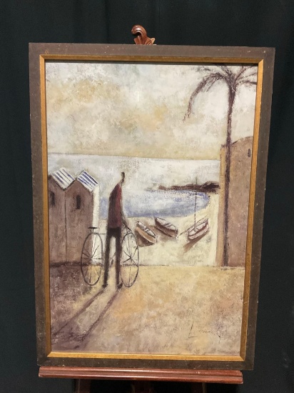 Framed Tres Barcas Print by Didier Lourenco, A man riding his bike near the shore