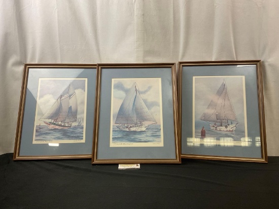 Trio of Sailing Ship Prints, by John Moll titled Chesapeake Bay Pungy, Skipjack, & Lifting Fog