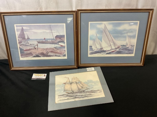 Trio of prints with Ships, 2x framed John Moll pieces, and one John Whealton