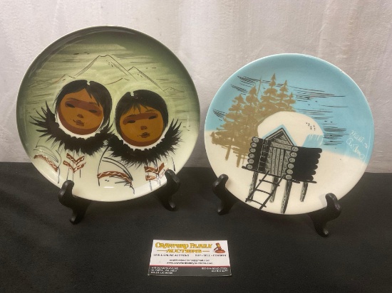 Handpainted Alaskan Pottery by artists Matthew Adams & Sascha B, Pair of Plates