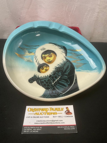 Handpainted Alaskan Pottery signed by artist Matthew Adams, Ashtray Plate, numbered 0176 on bottom