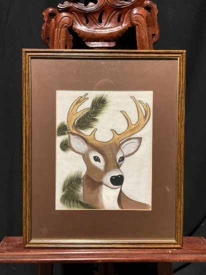 Vintage Framed Painting of a Deer on Fabric. See pics.
