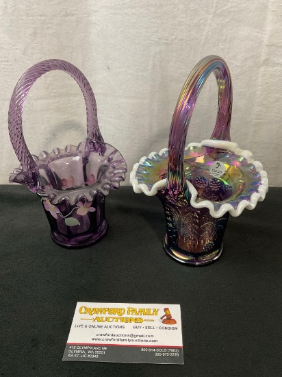 Pair of FENTON Amethyst Carnival Glass, Frilled Baskets, one piece is handpainted D. Barbour