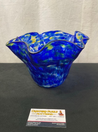 Frilled Bowl, Art Glass Yellows and Blues, marked Hilltop Artists 2004