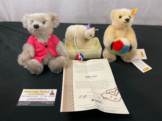 Collection of 3 Steiff Bears, one is signed on the tag, Polar bear w/ Certificate
