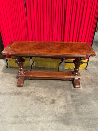 Vintage Wooden Pedestal Style Dining Table w/ Beautiful Burl Wood Inlay Top. See pics.