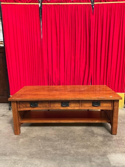 Vintage Wooden Mission Style Coffee Table w/ 3 Drawers & Low Shelf. Measures 49" x 18" See pics.