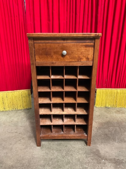 Vintage Mission Style Wooden Wine Cupboard w/ 32 Bottle Storage Compartments. As Is. See pics.
