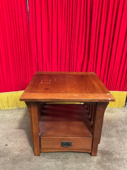 Vintage Square Mission Style Wooden Side Table w/ Drawer & Low Shelf. Measures 28" x 25" See pics.