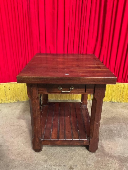 Vintage Bassett Mission Style Wooden Side Table w/ Drawer & Low Shelf. Measures 27" x 26" See pics.