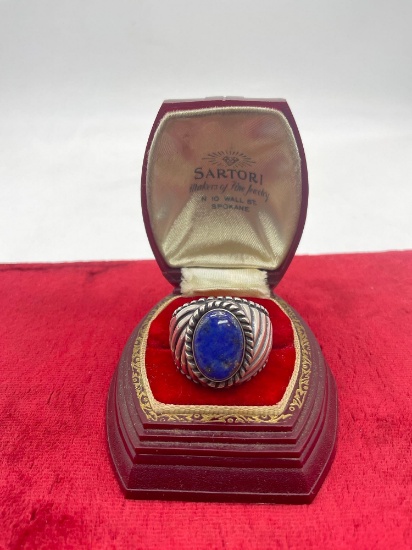 Sterling silver men's Lapis cocktail ring with masculine design sz 9