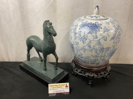 Vintage Chinese Ginger Jar on Wooden Stand and 1969 Austin Productions Plaster Horse Statue