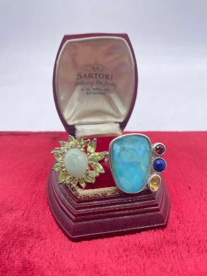 Pair of sterling silver style rings incl. lapis and glass/crystal ring & moonstone floral ring sz 9