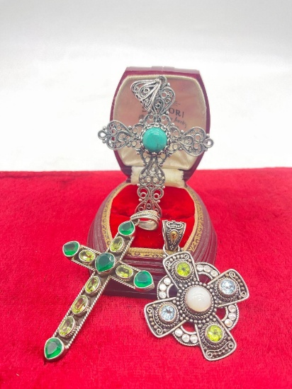 3 sterling silver cross pendants w/ green/blue glass & stone - one w/ 18k gold accents