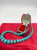 Sterling silver accented turquoise graduating bead necklace with 2 different bead shapes