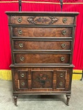 Antique Berkey & Gay Walnut Wheeled Highboy Dresser w/ Floral Accents & 6 Drawers. See pics.
