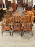 6 pcs Vintage English Oak Dowel Back Captain's Chairs. Measures 23