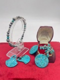 Turquoise and sterling silver bracelet + sterling silver and faux turquoise earrings w/ real